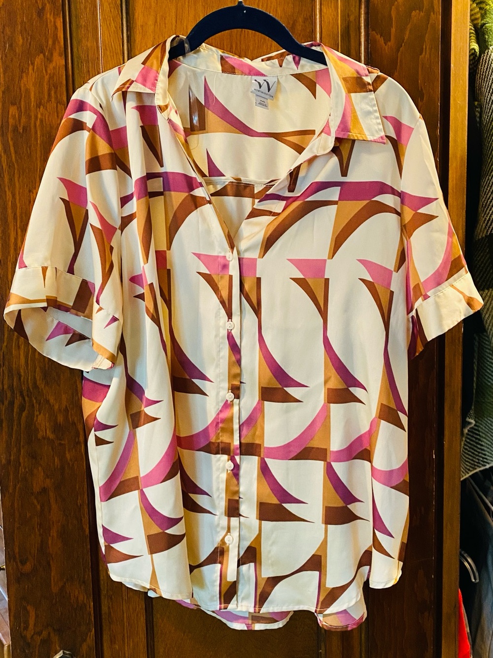 Geometric Print Button-Up Shirt — Cream, Pink & Brown